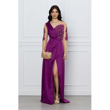 Rochie Ella Collection Ariana mov lunga cu broderie florala