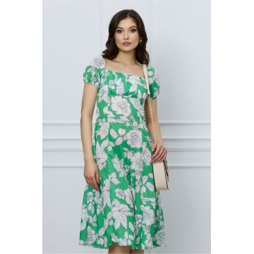 Rochie Simona verde cu imprimeu floral alb