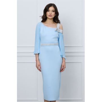 Rochie Sophie bleu din neopren cu strasuri si curea in talie