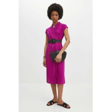 Medicine rochie din amestec de in culoarea roz, midi, dreaptă