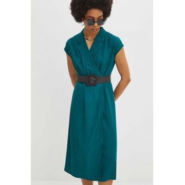 Medicine rochie din amestec de in culoarea verde, midi, drept