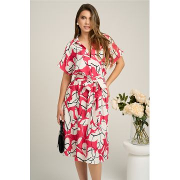 Rochie din viscoza alba cu imprimeuri fucsia si curea in talie