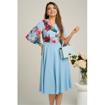 Rochie DY Fashion midi din crep bleu cu imprimeuri pe bust