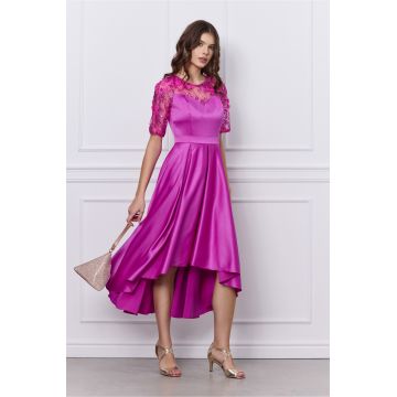 Rochie Ella Collection Brinda fucsia din tafta cu lungime asimetrica