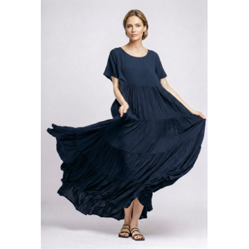 Rochie lunga, croi amplu cu patru volane, stil boem elegant, bleumarin