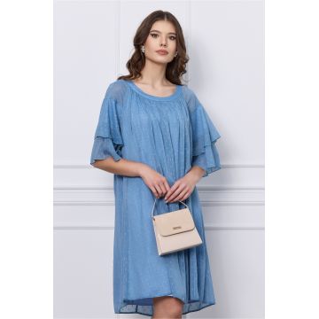 Rochie Mara bleu din voal cu fir lurex si insertii in relief