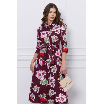 Rochie Maria tip camasa bordo cu imprimeu floral si cordon in talie