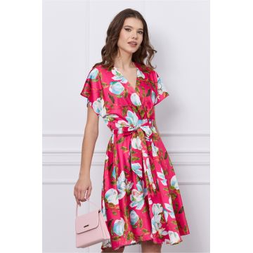 Rochie Mira fucsia cu imprimeuri florale si cordon in talie