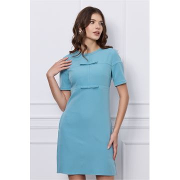 Rochie office bleu cu funde pe bust