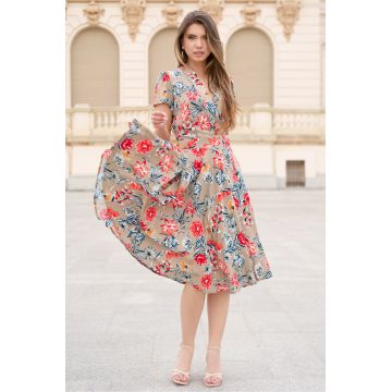 Rochiedin viscoza bej cu croi petrecut si imprimeu floral rosu Rochiedin viscoza bej cu croi petrecut si imprimeu floral rosu