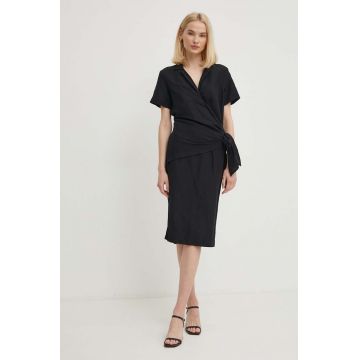 Sisley rochie din in culoarea negru, midi, drept