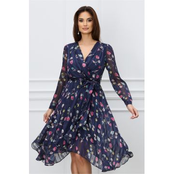 Rochie Denisa bleumarin cu imprimeuri florale si cordon in talie