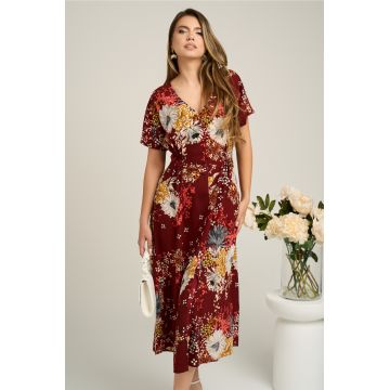 Rochie din viscoza bordo cu imprimeuri florale caramizii