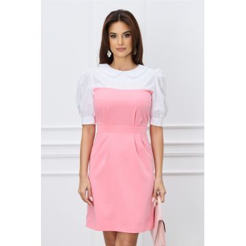 Rochie DY Fashion roz cu bust alb si guler