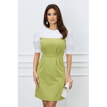 Rochie DY Fashion verde olive cu bust alb si guler