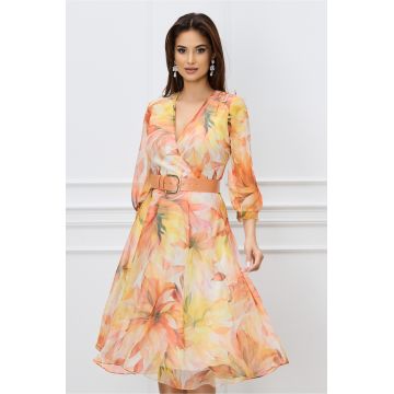 Rochie Ivone orange cu imprimeuri si curea in talie