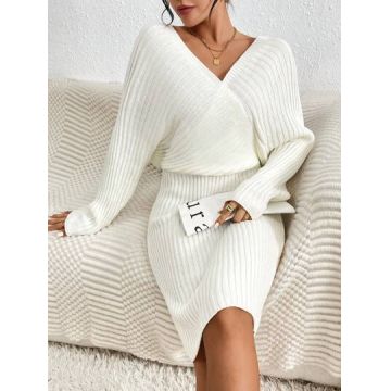 Rochie midi cu maneca lunga si model tricotat, alb, dama