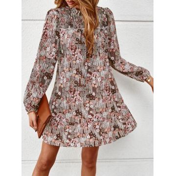 Rochie mini, stil camasa, cu imprimeu floral, maro