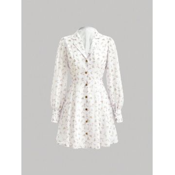Rochie mini stil camasa, cu imprimeu, alb, dama, Shein