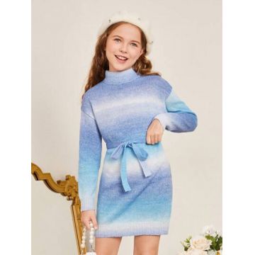 Rochie mini din tricot, cu guler si maneca lunga, albastru, fete, Shein
