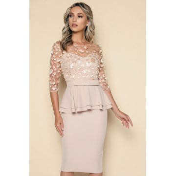 Rochie eleganta bej cu broderie florala 3d