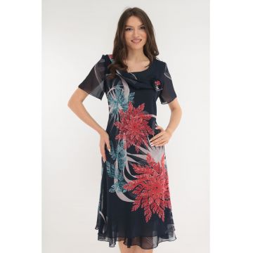 Rochie eleganta din voal bleumarin cu print floral rosu maxi