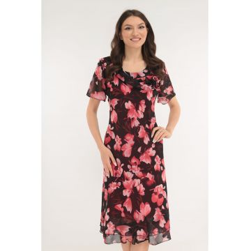 Rochie eleganta din voal bordo cu print floral roz