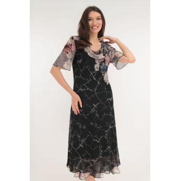 Rochie eleganta din voal negru cu print floral bej