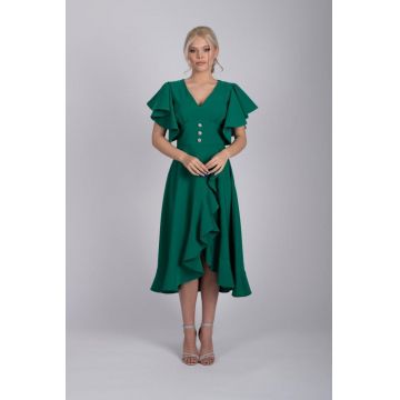 Rochie LaDonna verde cu volane si slit