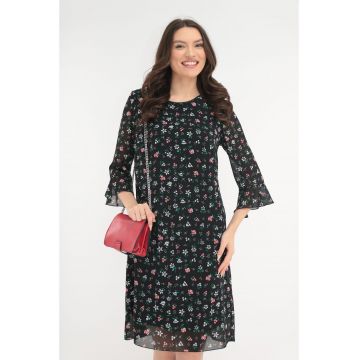 Rochie lejera din voal negru cu print floral multicolor