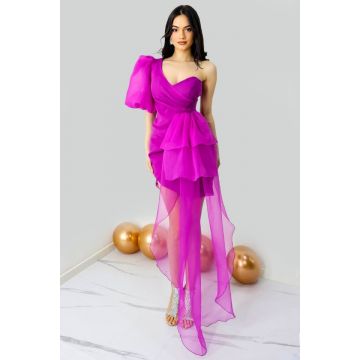 Rochie de seara Dayana, cu maneca bufanta si detaliu din organza, Mov