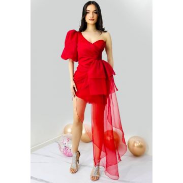 Rochie de seara Dayana, cu maneca bufanta si detaliu din organza, Rosu