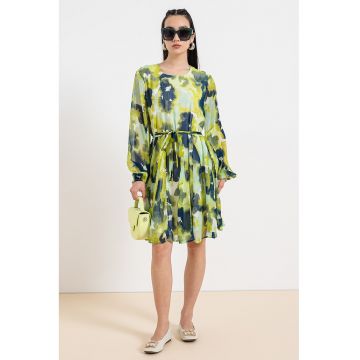 Rochhie evazata cu decolteu rotund si imprimeu - Verde lime/Bleumarin