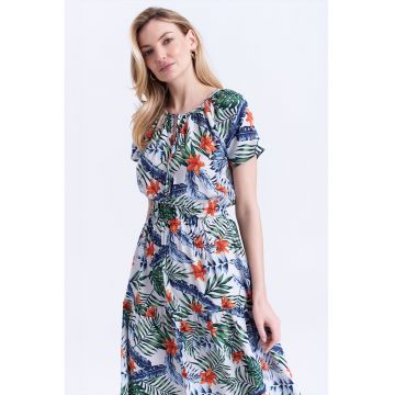 Rochie cu imprimeu si buzunare laterale - Alb/Portocaliu stins/Albastru