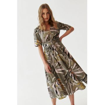 Rochie evazata cu imprimeu tropical - Alb/Verde feriga