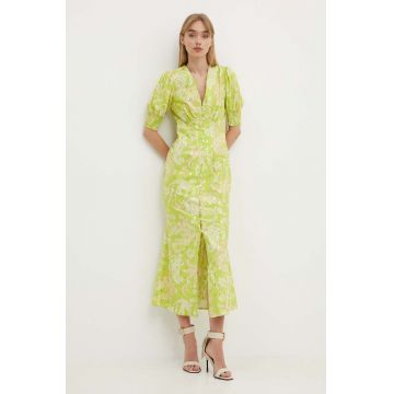 Never Fully Dressed rochie din amestec de in Lindos culoarea verde, maxi, evazati, NFDDR1310
