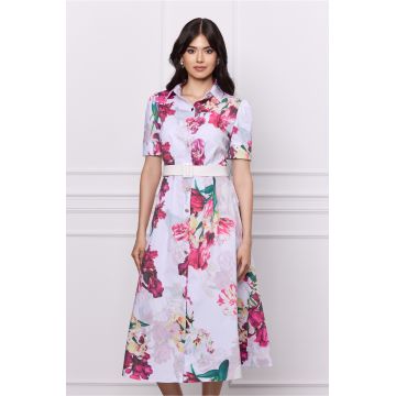 Rochie DY Fashion alba cu imprimeu floral fucsia si curea in talie