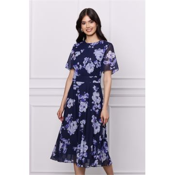 Rochie DY Fashion bleumarin din voal cu imprimeuri florale bleu