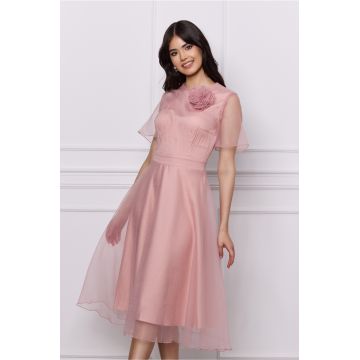 Rochie DY Fashion midi roz din voal cu aplicatie florala