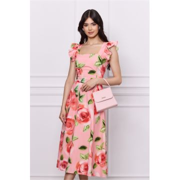Rochie DY Fashion roz cu imprimeuri florale corai si volane la umeri