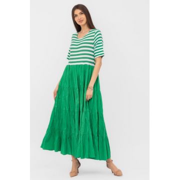Rochie lunga din doua materiale ,cu dungi albe si volane, verde