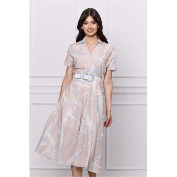 Rochie Vania bej cu imprimeuri bleu si curea in talie