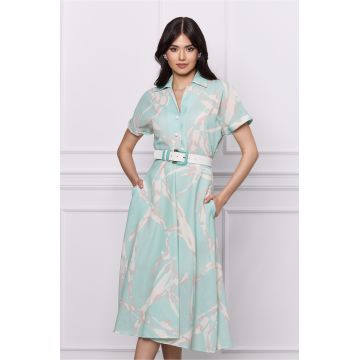 Rochie Vania verde mint cu imprimeuri bej si curea in talie