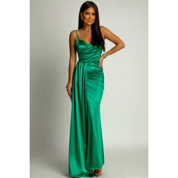 Rochie de seara satinata, OLyna, cu crapatura ampla si fald lateral, Verde, Marime S/M