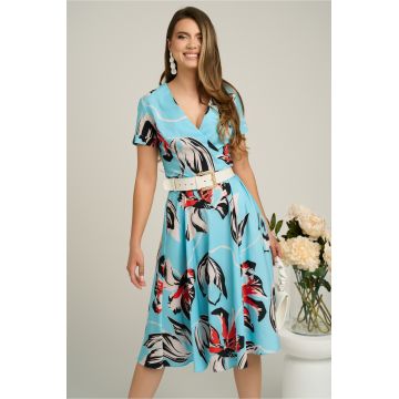 Rochie din viscoza bleu cu flori rosii si curea in talie