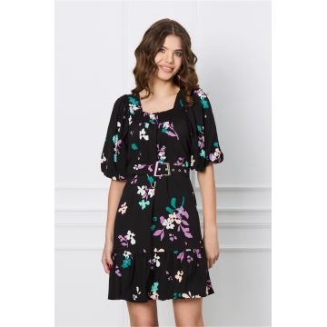 Rochie Felicia neagra cu imprimeuri si curea in talie