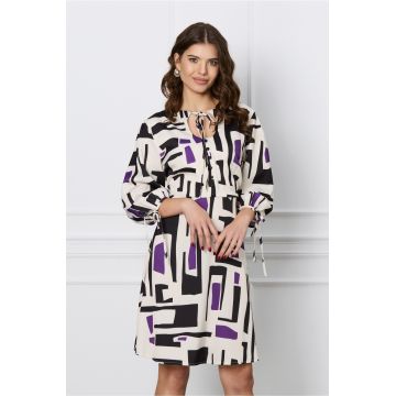 Rochie Ivonne ivory cu imprimeuri negre si mov