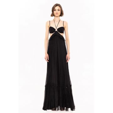 Rochie maxi evazata de matase cu spate decupat
