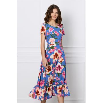 Rochie Mira albastra cu imprimeu floral roz