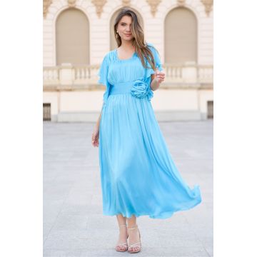 Rochie Moze bleu din satin cu floare in talie